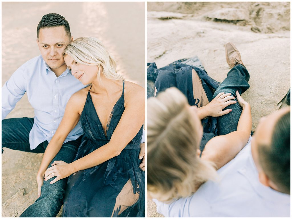 sitting on beach engagement photos