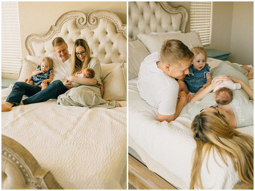 In Home Newborn Session family laying on bed