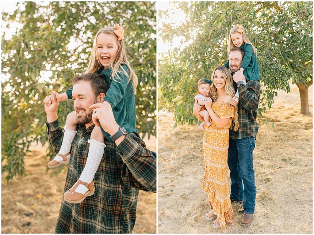 dad holding daughter on shoulders and a family picture
