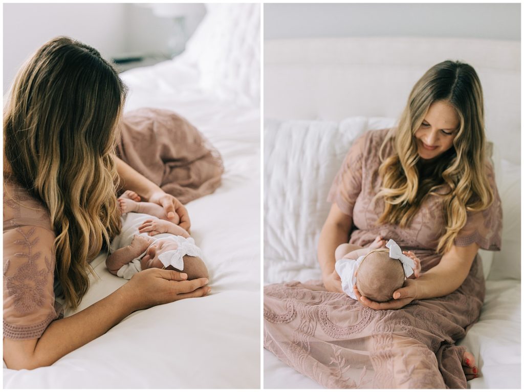 mom with newborn baby girl in home