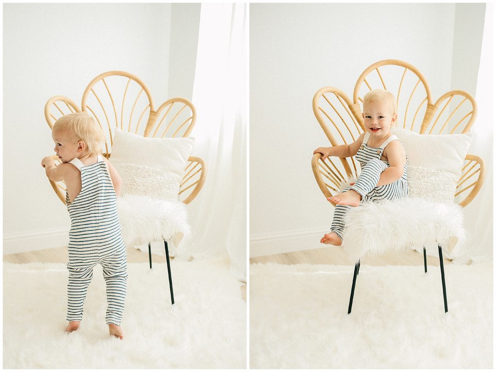 little boy climbing on chair